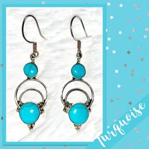 Turquoise Sterling Silver Dangle Earrings, HOB Mexico 925 (Turquoise Blue)